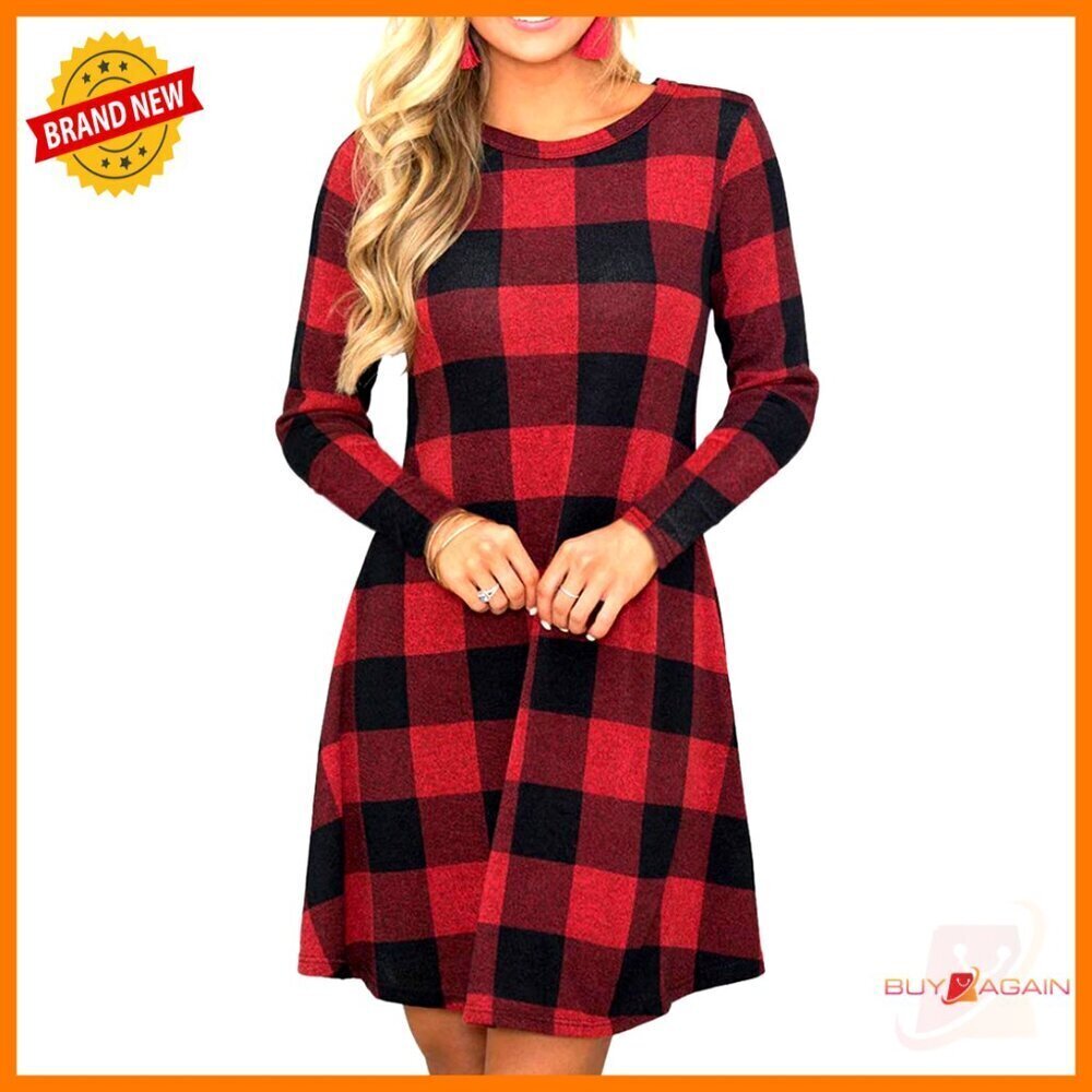 Long Sleeve Plaid Swing Tunic Dress Oversized Loose Fit Casual Chic Y2K